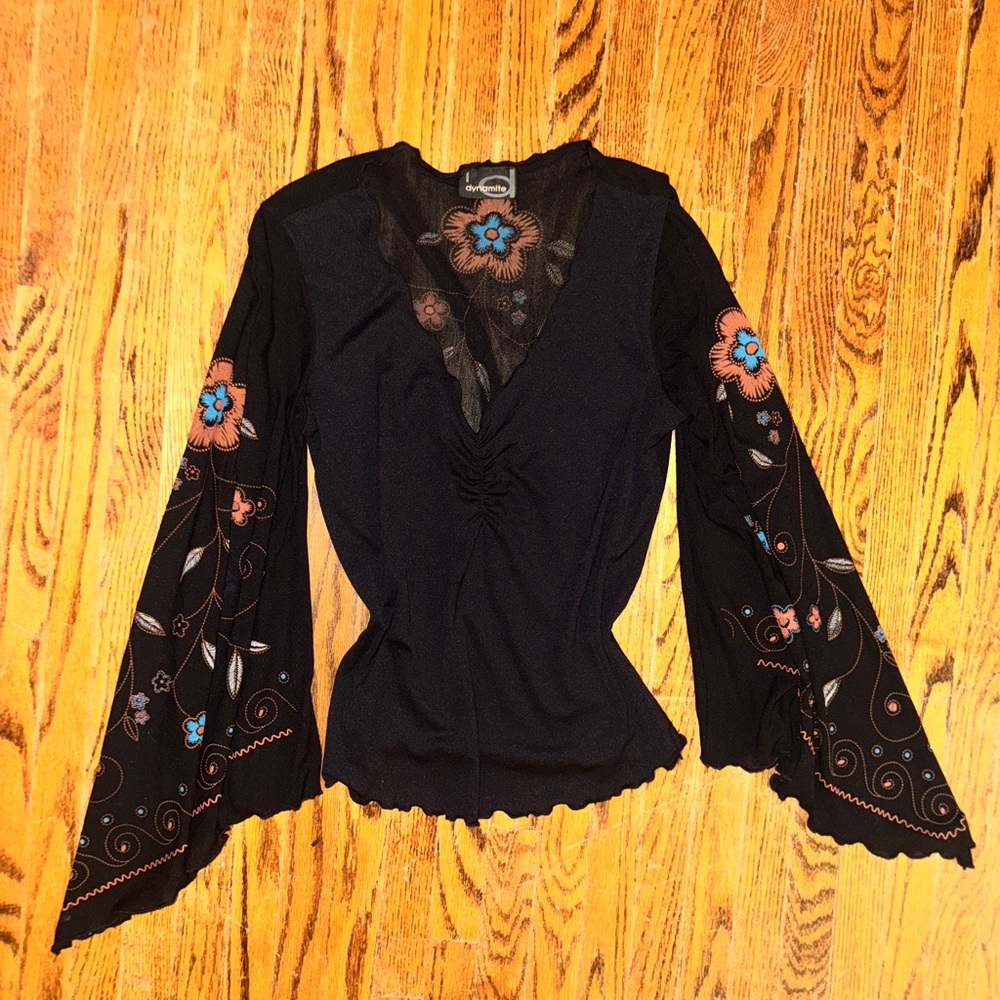 Y2K Dynamite Black sheer panel Blouse with Colorful Floral Sleeves - size S